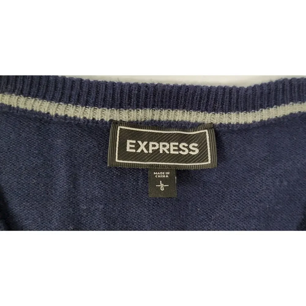 F5) Express Men Pullover V-Neck Navy Blue Sweater Large
